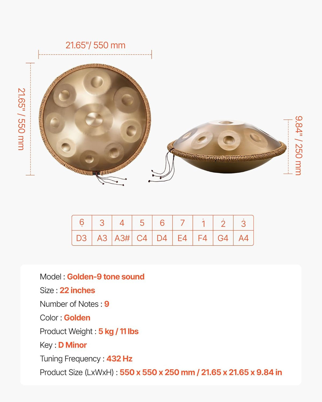 Celestial Resonance Handpan Drum - 22” 9 Note 432Hz D Minor