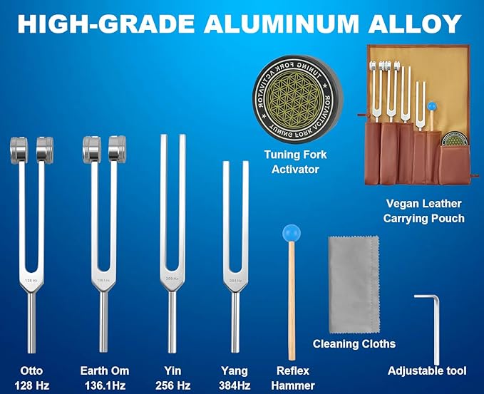 Tuning Forks for Healing Set, 128Hz, 136Hz, 256Hz, 384Hz & Activator for Healing Chakra Set Sound Healing Therapy Aluminum Alloy Sensory Tuning Fork Activator for Healing